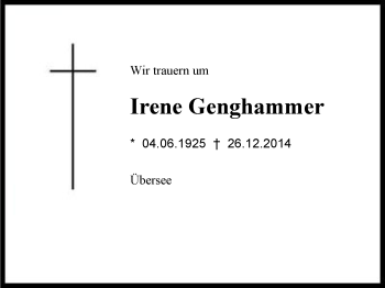 Traueranzeige von Irene  Genghammer von Region Chiemgau